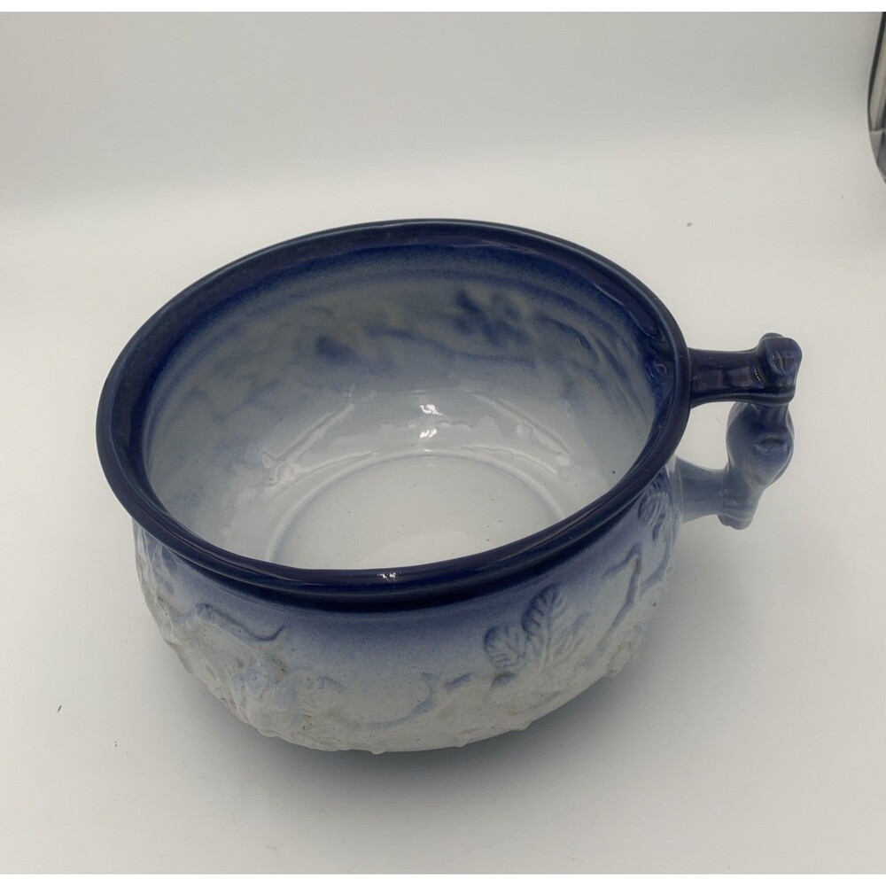 Vintage Staffordshire Chamber Flower Pot Blue/White Glaze Antique.